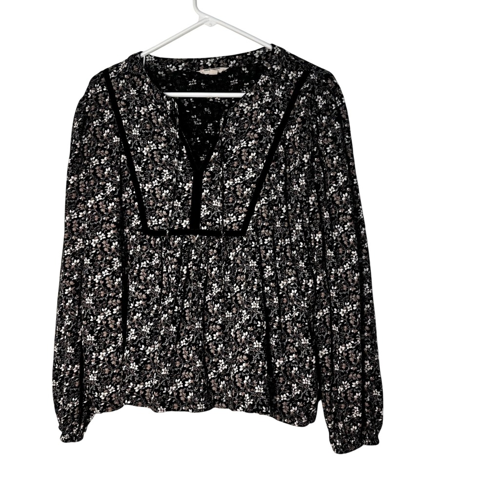 Lucky Brand Women Black Floral Velvet Trim Long Sleeve Peasant Blouse Top Large
